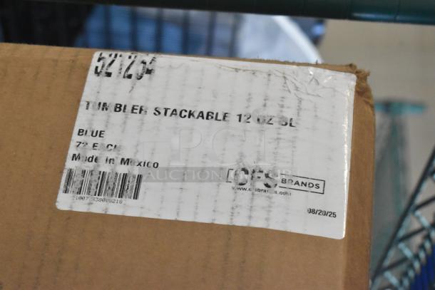 Label on box for Carlisle 521254 stackable 12 oz. blue SAN plastic tumblers, 72 per case, made in Mexico.