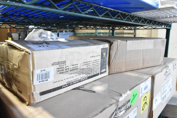 Boxes of new items: GET DN-365-W White 5 oz. SuperMel Oval Side Dish and Vollrath 5303 Aluminum Bun/Sheet Pan. Some scratch and dent notes.