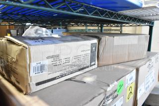 Boxes of new items: GET DN-365-W White 5 oz. SuperMel Oval Side Dish and Vollrath 5303 Aluminum Bun/Sheet Pan. Some scratch and dent notes.