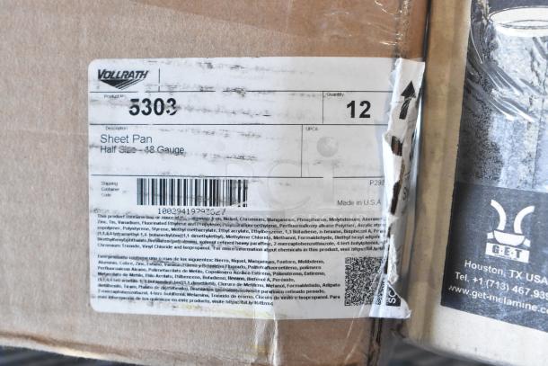 Vollrath 5303 Wear-Ever half-size 18 gauge aluminum sheet pan label, includes product details and barcode.