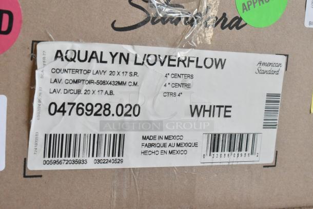 Box with label for American Standard 0476928.020 Aqualyn sink, 20 3/8" x 17 3/8", white vitreous china, made in Mexico.