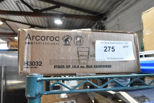 Box of Arcoroc H3032 Stack Up 10.5 oz. Old Fashioned Glasses, scratch and dent condition, customizable, 12 glasses per box.