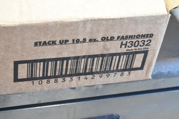 Cardboard box with label "STACK UP 10.5 oz. OLD FASHIONED H3032 Made in the USA" and barcode visible.