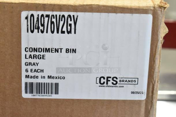 Large condiment bin, gray, brand new with scratches and dents. Model 104976V2GY. Made in Mexico by CFS Brands.