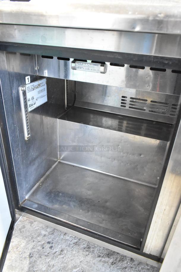 Turbo Air TST-48SD stainless steel sandwich salad prep table with bain marie top, commercial casters, and visible model label.