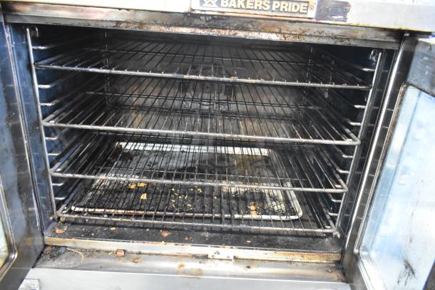 Bakers Pride 456GDCOER21 stainless steel convection oven with view-through doors, metal racks, thermostatic controls on legs.