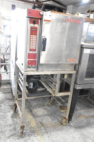 Blodgett 45GEC Stainless Steel Electric Oven on casters, 208V, 3 Phase. Visible control panel, branded nameplate, and warning labels.