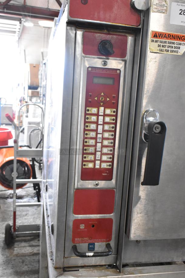 Blodgett 45GEC stainless steel commercial electric oven, 208V, 3-phase, on casters, with control panel and warning labels.