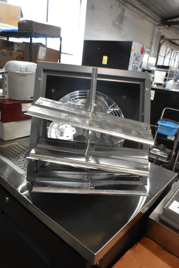 Brand new Canarm S12-E1 12" wall exhaust fan, 1-speed, with minor scratches and dents. Model features durable metal blades.
