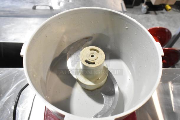 Robot Coupe R2N food processor bowl with S blade, metal construction. Visible wear, suitable for commercial use. 120V, 1 phase.