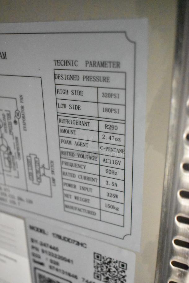 Label showing technical parameters for the 2025 Avantco 178UDD72HC kegerator, including pressure and voltage specs.