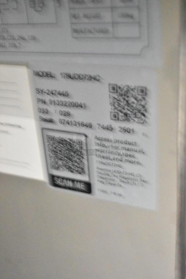 Label on Avantco 178UDD72HC kegerator, showing model number and QR code for product info.