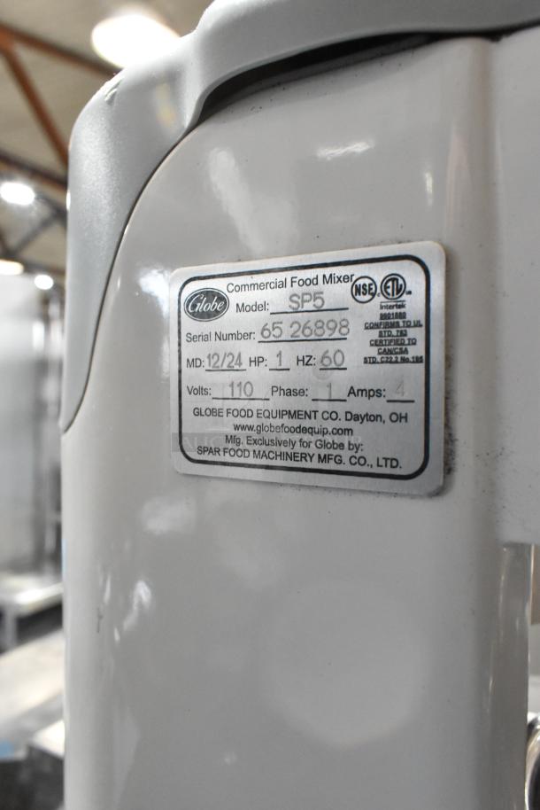 Brand new 2024 Globe SP5 5 Quart Planetary Dough Mixer, includes metal mixing bowl, bowl guard, 110V, 1 phase. Scratch and dent.