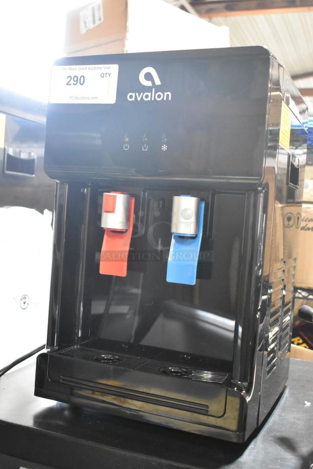 Avalon A1CTWTRCLRBLK countertop water dispenser, dual taps, black metal, 115V, 1 phase, commercial use, visible logo.