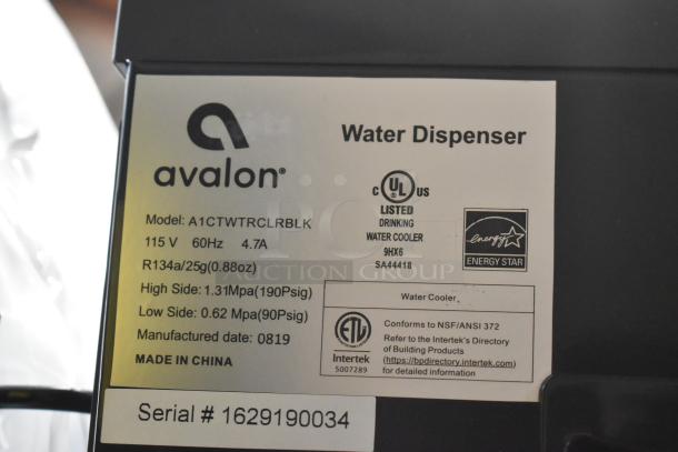 Avalon A1CTWTRCLRBLK metal commercial countertop water dispenser, 115V, 1 phase. Features Energy Star rating, UL listed. Serial #1629190034.