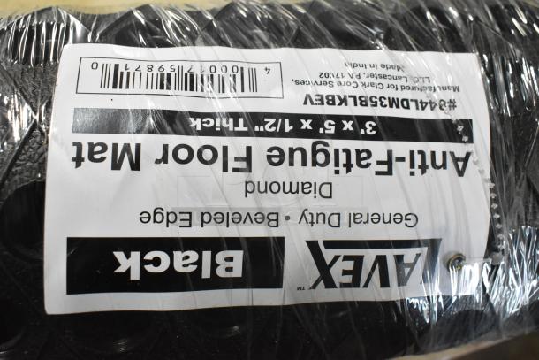 2 Lavex black anti-fatigue floor mats, model 844LDM35bLKBEV, 3' x 5', beveled edge, new, labeled packaging.