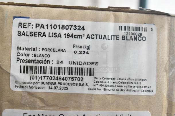 Brand new Corona Actualite 6.4 oz. white porcelain ramekin. Box label shows model PA1101807324, 24 units.