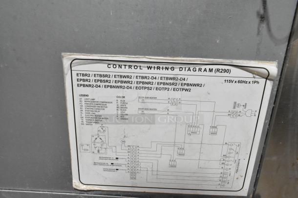 Everest commercial sandwich salad prep table, stainless steel, 4 drawers, mega top, on casters, 115V, 1 phase. Wiring diagram shown.
