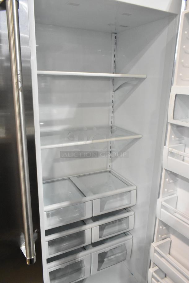 Viking Stainless Steel Reach In Cooler with Freezer, featuring multiple shelves and clear drawers, excellent condition.