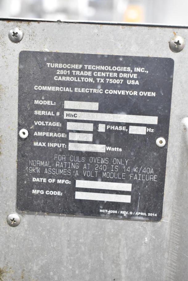 Turbochef HhC2020 stainless steel conveyor oven label, details voltage, phase, and amp rating for electric commercial use.