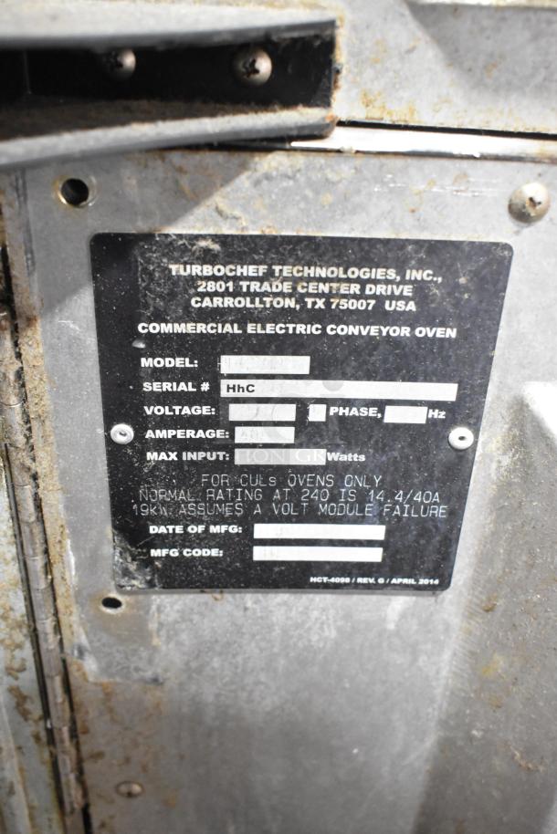 Turbochef HhC2020 electric conveyor oven serial plate, showing model, serial number, voltage, and phase details.