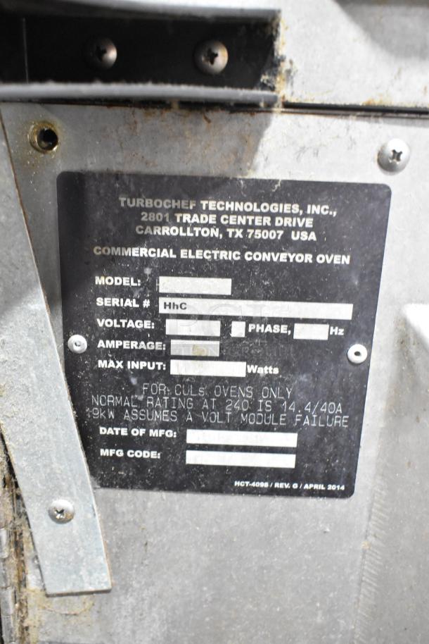 Turbochef HhC2020 stainless steel electric conveyor oven, 208/240V, 3 phase, manufacturer's label shown.