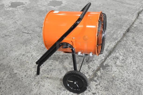Boltic SHAG-K07F portable electric salamander heater, new with slight scratches. 208V, 3-phase, on wheels, orange finish.