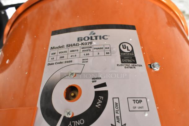 Boltic SHAG-K07F electric salamander heater, 208V, 3 phase, 15KW. Scratch and dent, UL certified, model details shown.