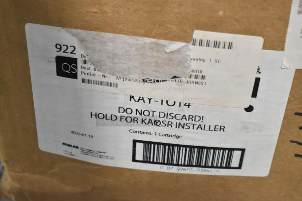 Kay Water Filtration System box labeled "KAY-1014." Label indicates "Do Not Discard," includes 1 cartridge. Ecolab branding.