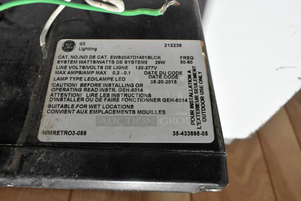 General Electric GE WMRETRO3-088 light, LED, suitable for wet locations, 29W, outdoor use, model details and warnings visible.