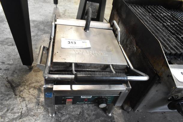 Waring WPG150 Stainless Steel Panini Press, 120V, 1 Phase, commercial use. Includes branding and knobs.