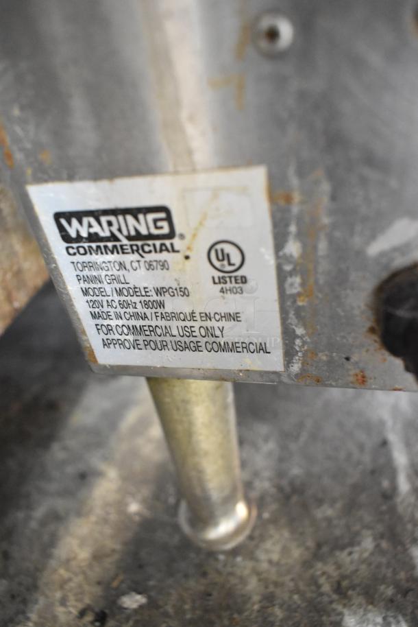 Waring WPG150 stainless steel commercial panini press, UL listed, 120V, 1 Phase, suitable for commercial use.