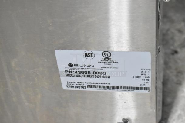 2025 Bunn H5X Stainless Steel Hot Water Dispenser, 240V, 1 Phase, label reads: Model H5X, 4000W, NSF and UL listed.