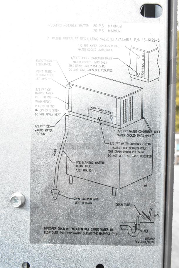 Manitowoc QY1305 stainless steel commercial ice head on bin, 208-230V, 1 phase. Installation diagram visible.