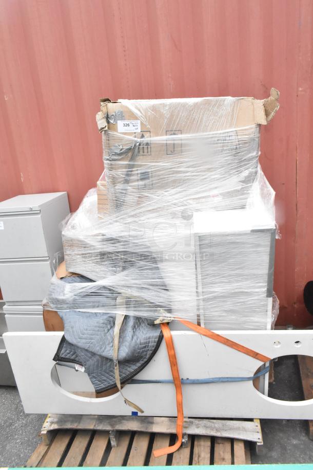 Pallet lot with AO Smith 12-gallon water heater, Dorian MS914114 tank, assorted items. Wrapped, worn packaging, on wooden pallet.