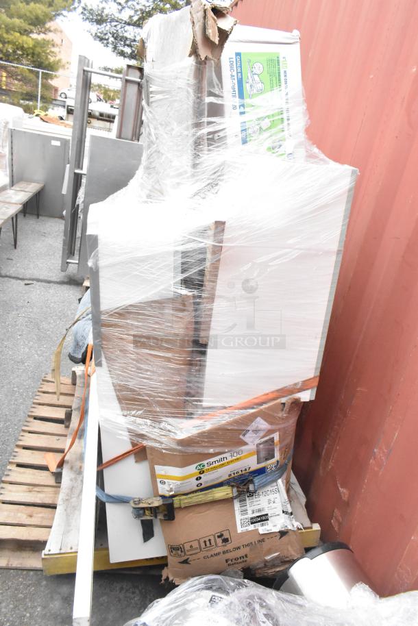 Pallet lot with AO Smith 12-gallon water heater and Dorian MS914114 tank, shrink-wrapped, on wooden pallet.