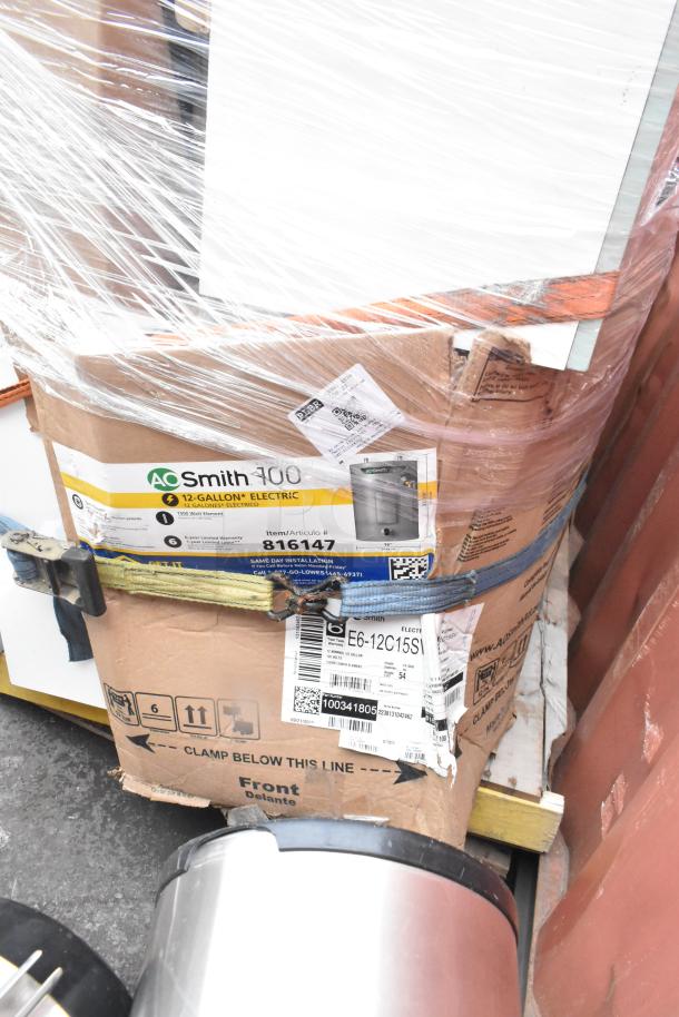Pallet lot with AO Smith 12-gallon water heater box and Dorian MS914114 tank, wrapped in plastic.