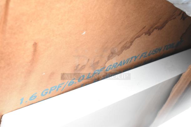 Pallet lot with various items including a box marked "1.6 GPF/6.0 LPF Gravity Flush Toilet." Box shows wear and stains.