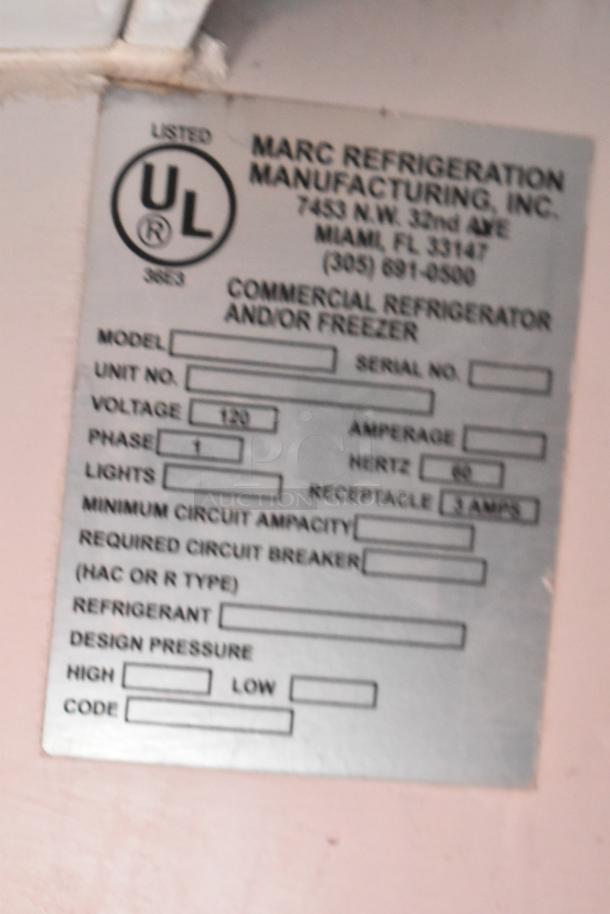 Marc Metal Commercial Floor Merchandiser label, UL listed, 120V, 1 phase, 3 amps receptacle, manufactured by Marc Refrigeration.
