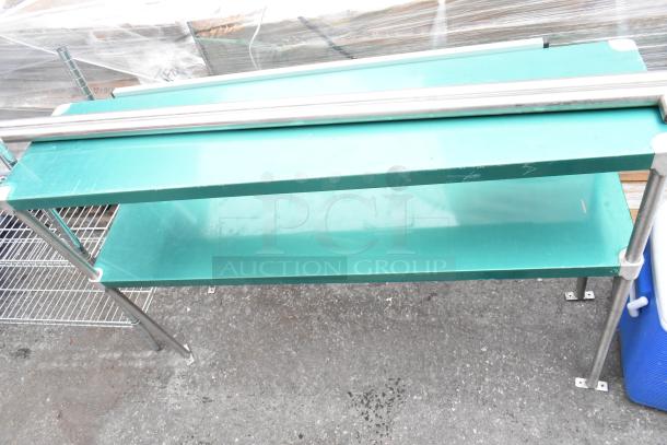 Two-tier chrome wire shelving unit and metal shelving unit, both in good condition, with a double bid offer.