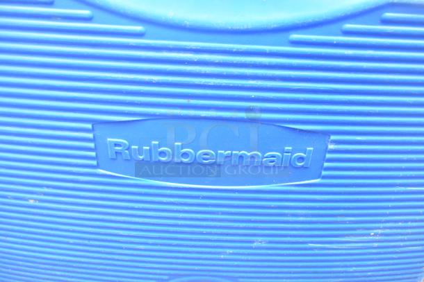 Rubbermaid blue portable ice bin with embossed brand logo. Durable, ribbed texture for grip, excellent condition.