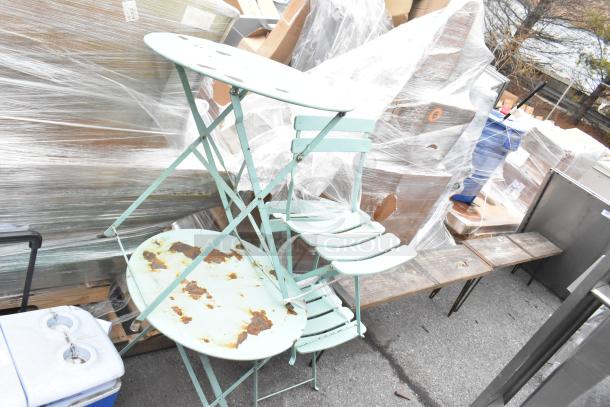 6 mixed items, including rusted light blue metal chairs and tables, and wooden benches. Some weathered and used.