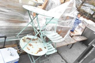 6 mixed items, including rusted light blue metal chairs and tables, and wooden benches. Some weathered and used.