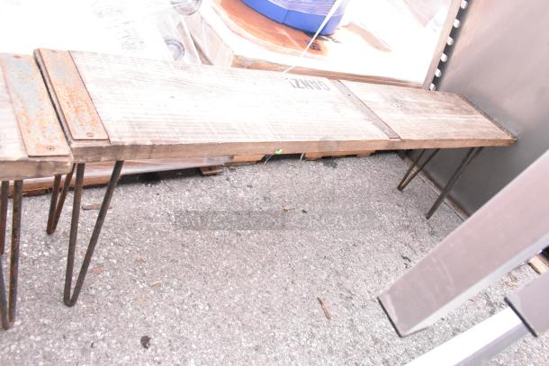6 metal items with 2 wooden benches, rusty metal legs. Includes 2 folding tables, 2 chairs. Buy 6 for one bid.