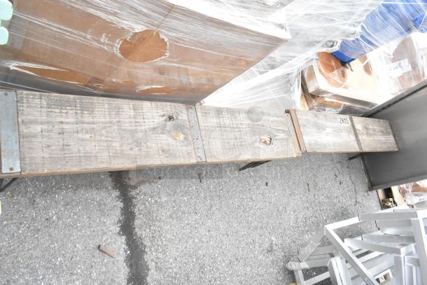 6 metal items, including 2 rustic wooden benches, 2 metal folding tables, and 2 folding chairs, worn condition.