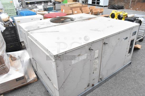 Lennox SGA036H4BT1G metal commercial condenser, 480V, 3-phase, visible wear, model and serial numbers on labels.