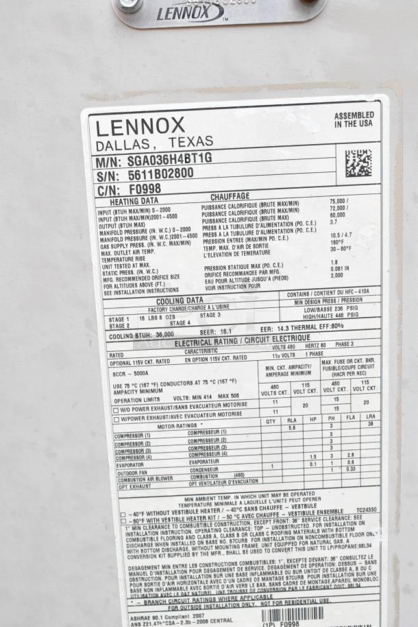 Lennox SGA036H4BT1G metal condenser label, model and specs, 480V, 3-phase, commercial heating/cooling system.