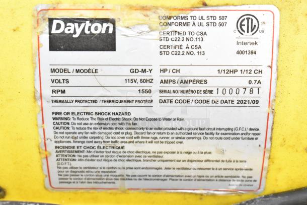 Dayton air mover fan label showing model GD-M-Y, 115V, 1/12HP, with safety warnings and certification details.