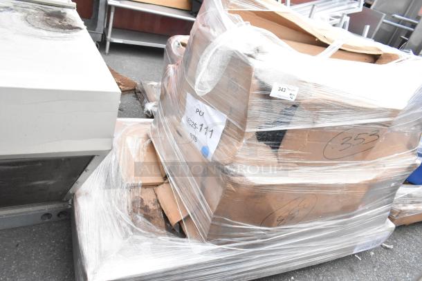 Pallet of new scratch and dent items, including Lancaster Table & Seating bar stool boxes, wrapped in plastic.