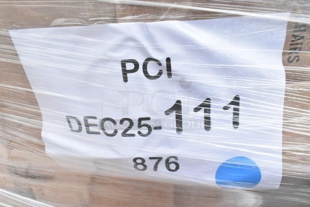 6 brand new Lancaster Table & Seating bar stools, black cross back, 2.5" vinyl padded seat, assembled, scratch and dent condition.